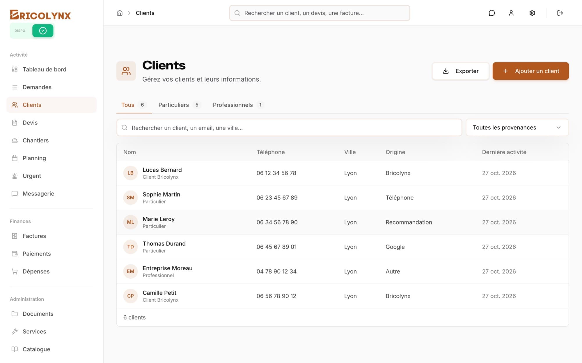 Carnet de clients de Bricolynx Pro, particuliers et professionnels, avec leur provenance