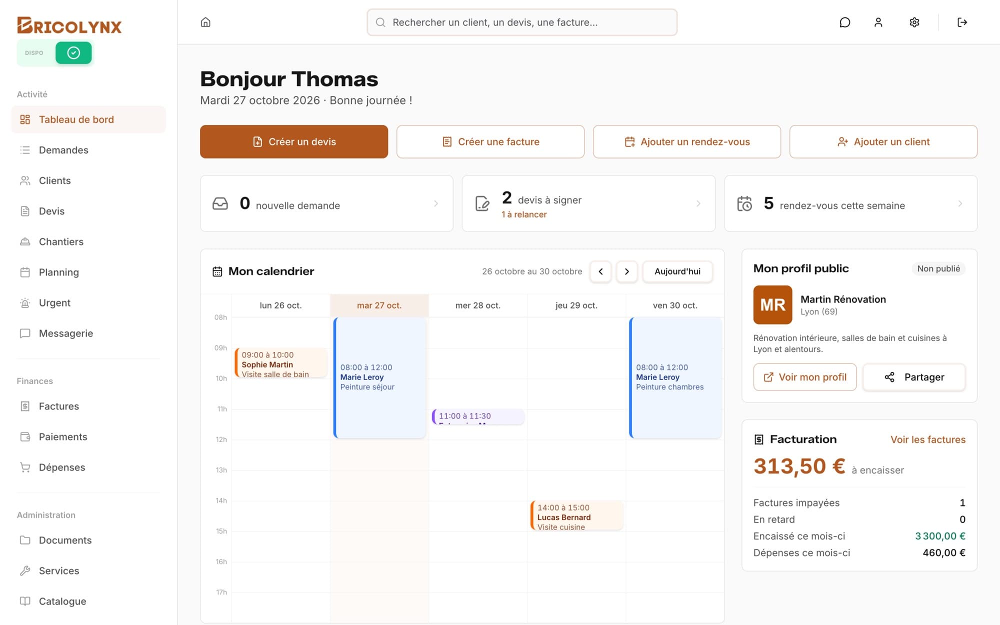 Tableau de bord de Bricolynx Pro : actions rapides, calendrier de la semaine, profil public et facturation