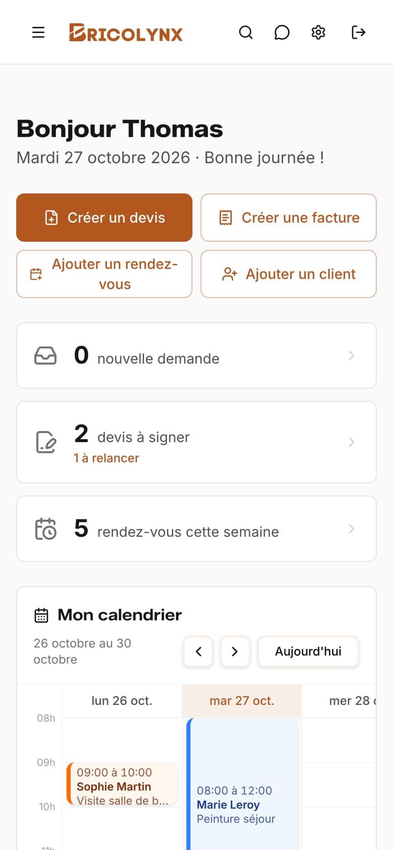 Tableau de bord de Bricolynx Pro sur smartphone