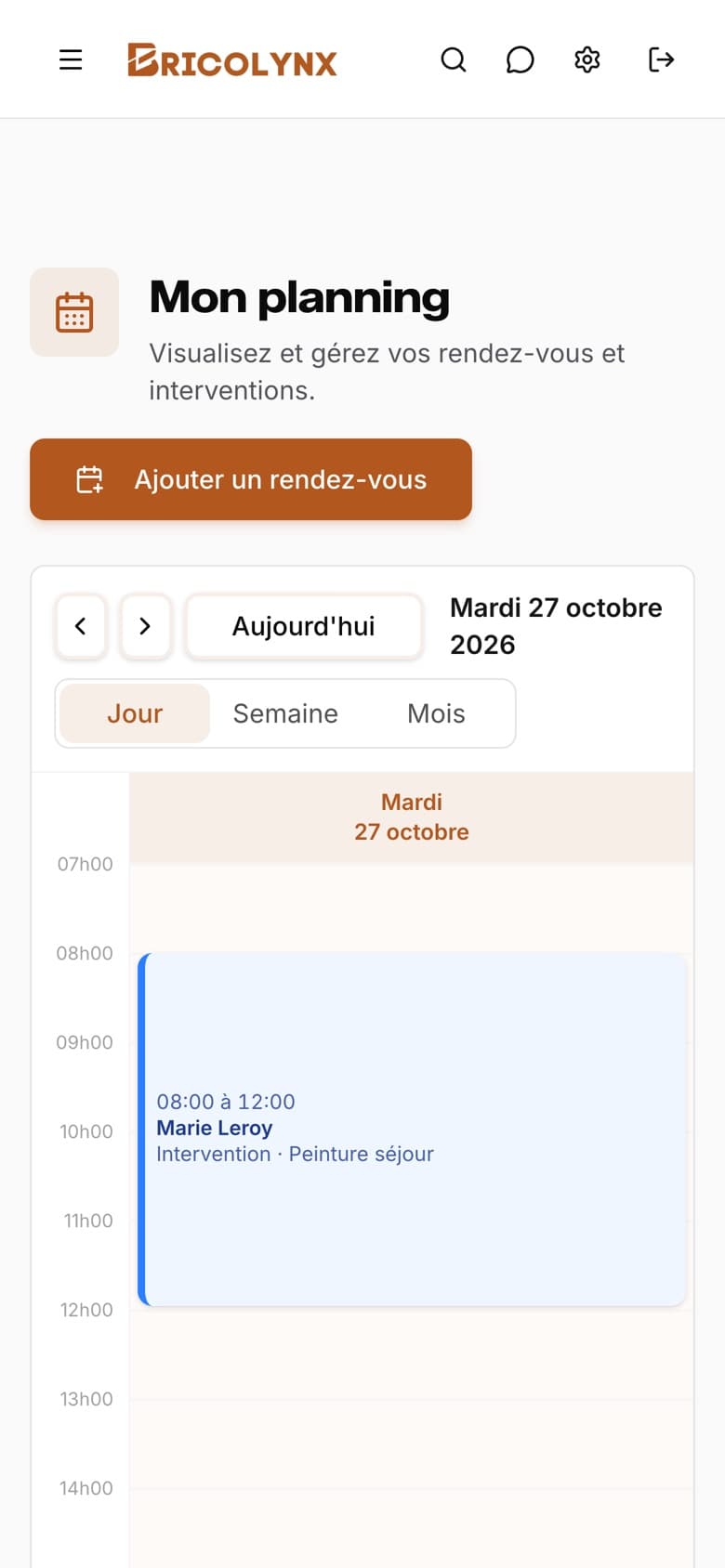 Planning du jour de Bricolynx Pro sur smartphone
