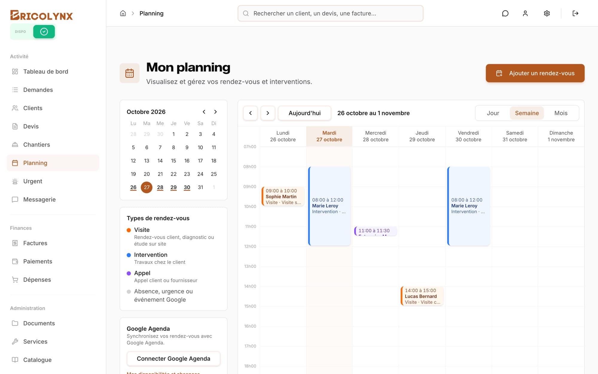 Planning de Bricolynx Pro en vue semaine avec visites, interventions et appels
